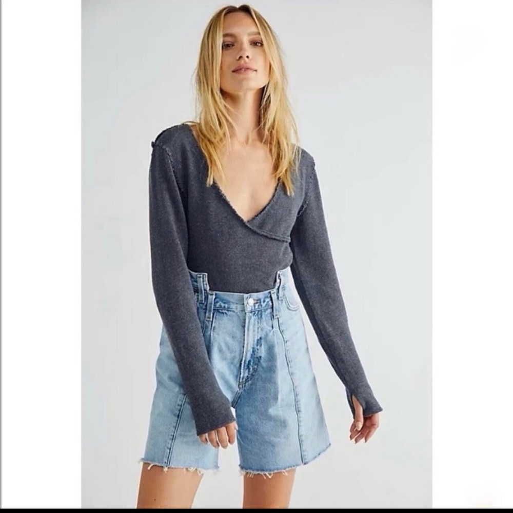 Free People Like A Boss Mock Wrap Charcoal Gray Top Size XL